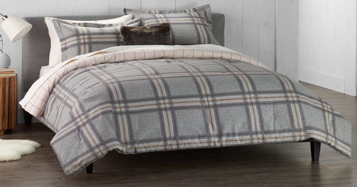 Cuddle Duds Gray and Beige comforter set on a fully made up bed