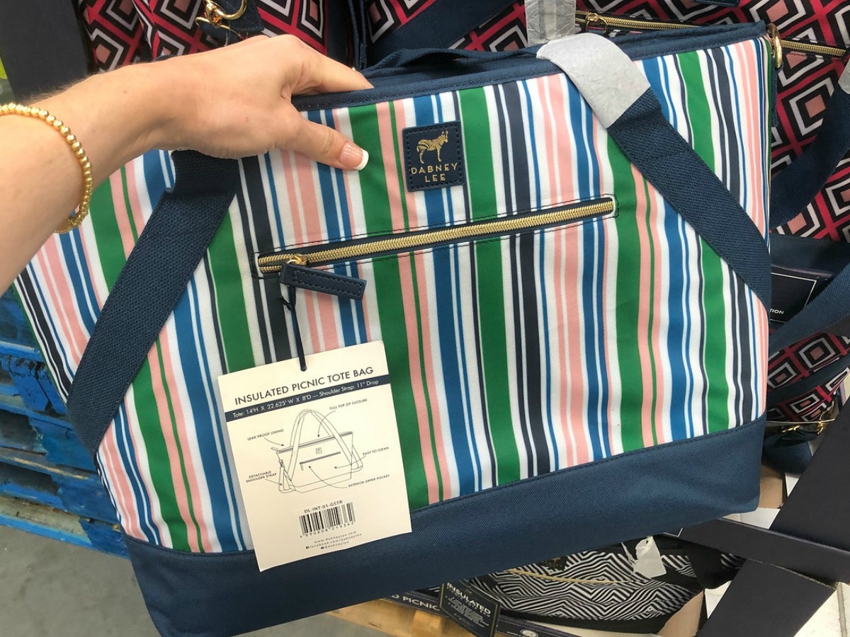 hand holding striped pink, green & blue bag at store