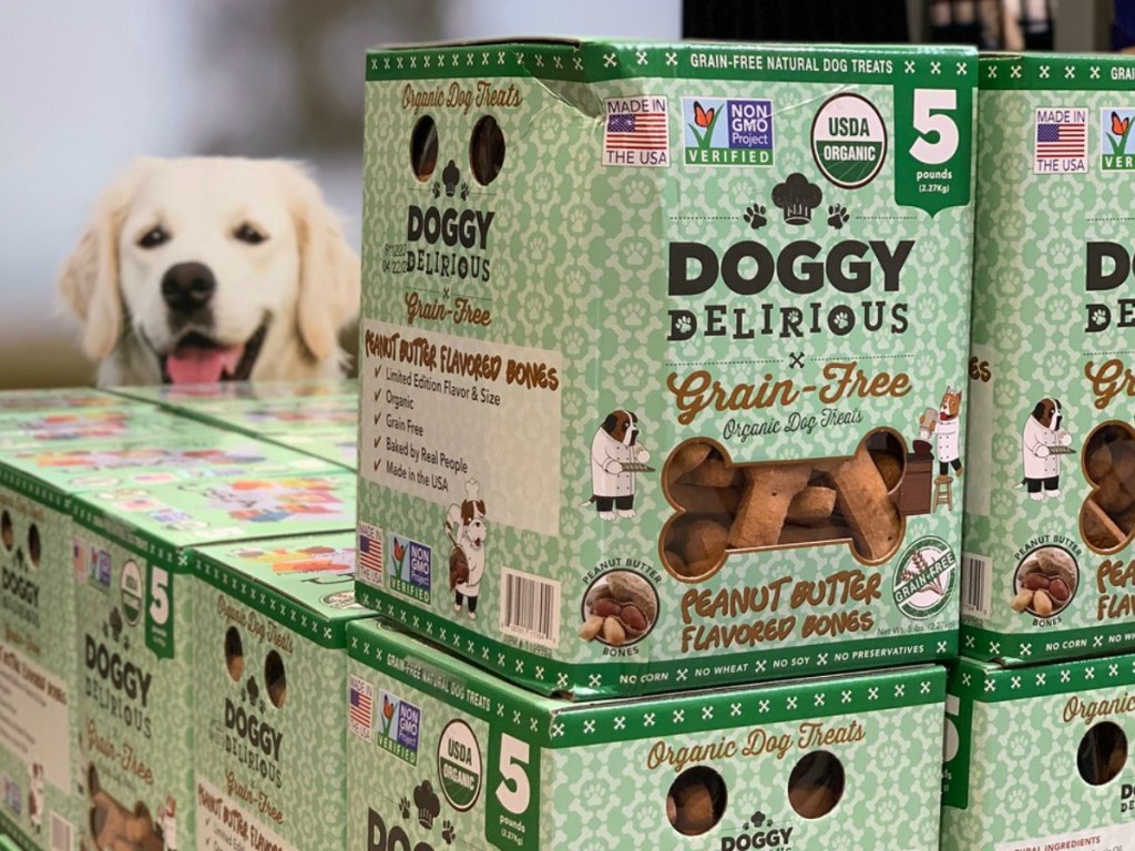 box of dog treats in store