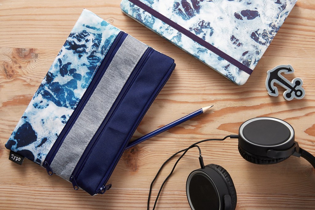 double zipper pencil pouch with pencil hanging out