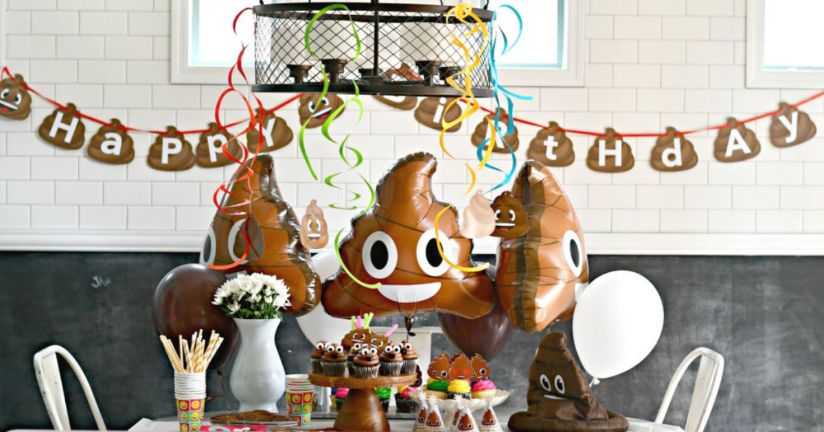 poop party supplies on table and poop balloons 