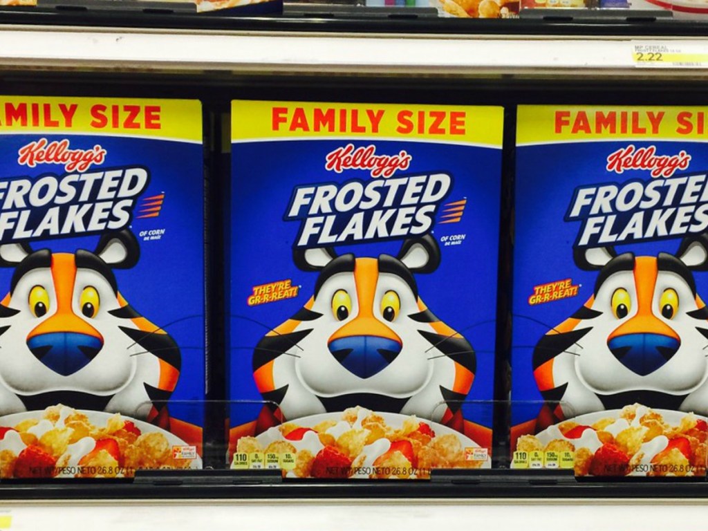 boxes of cereal on a store shelf