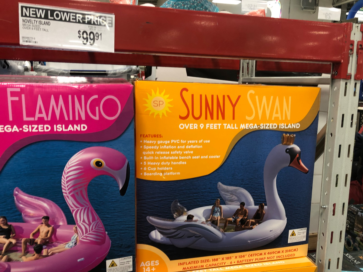 Box of sunny swam and flamingo in shelf at sam's club