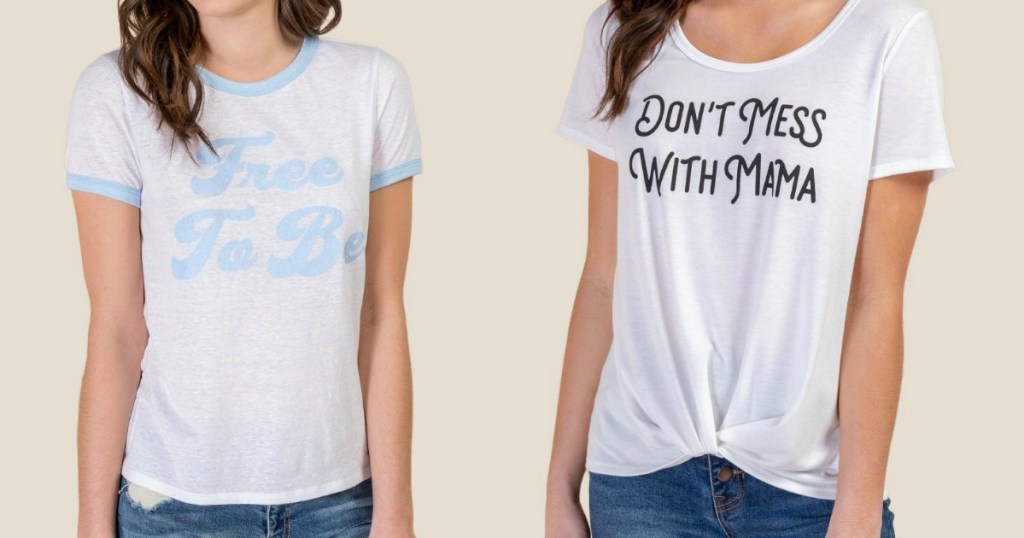 two women wearing tshirts and jeans