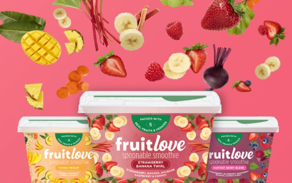 three fruit love containers with fruit swirling in the background