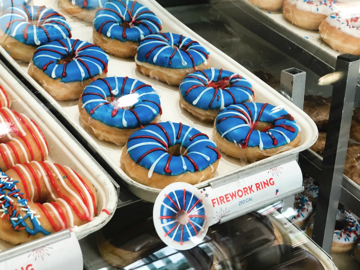 Krispy Kreme Fireworks Donuts displayed in store case