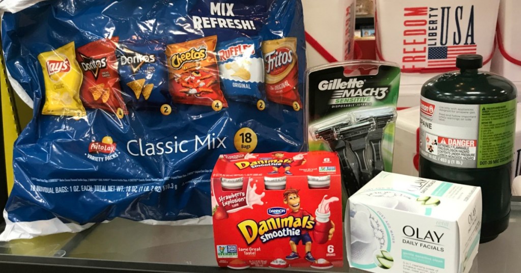 Fritos snacks, danimals smoothies, olay daily facials, gillette razors and coleman propane products