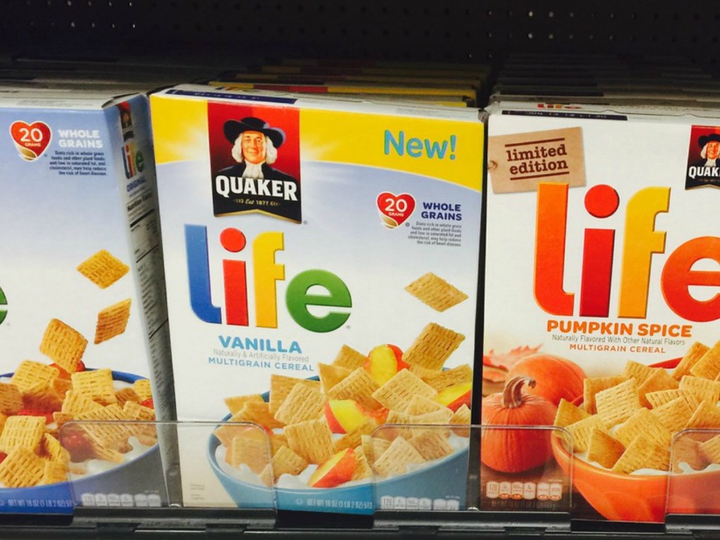 boxes of life cereal on store shelf