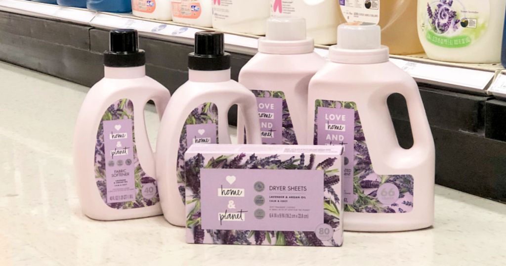lavendar & argon oil dryer sheets, laundry soap, and fabric softener on the floor of target