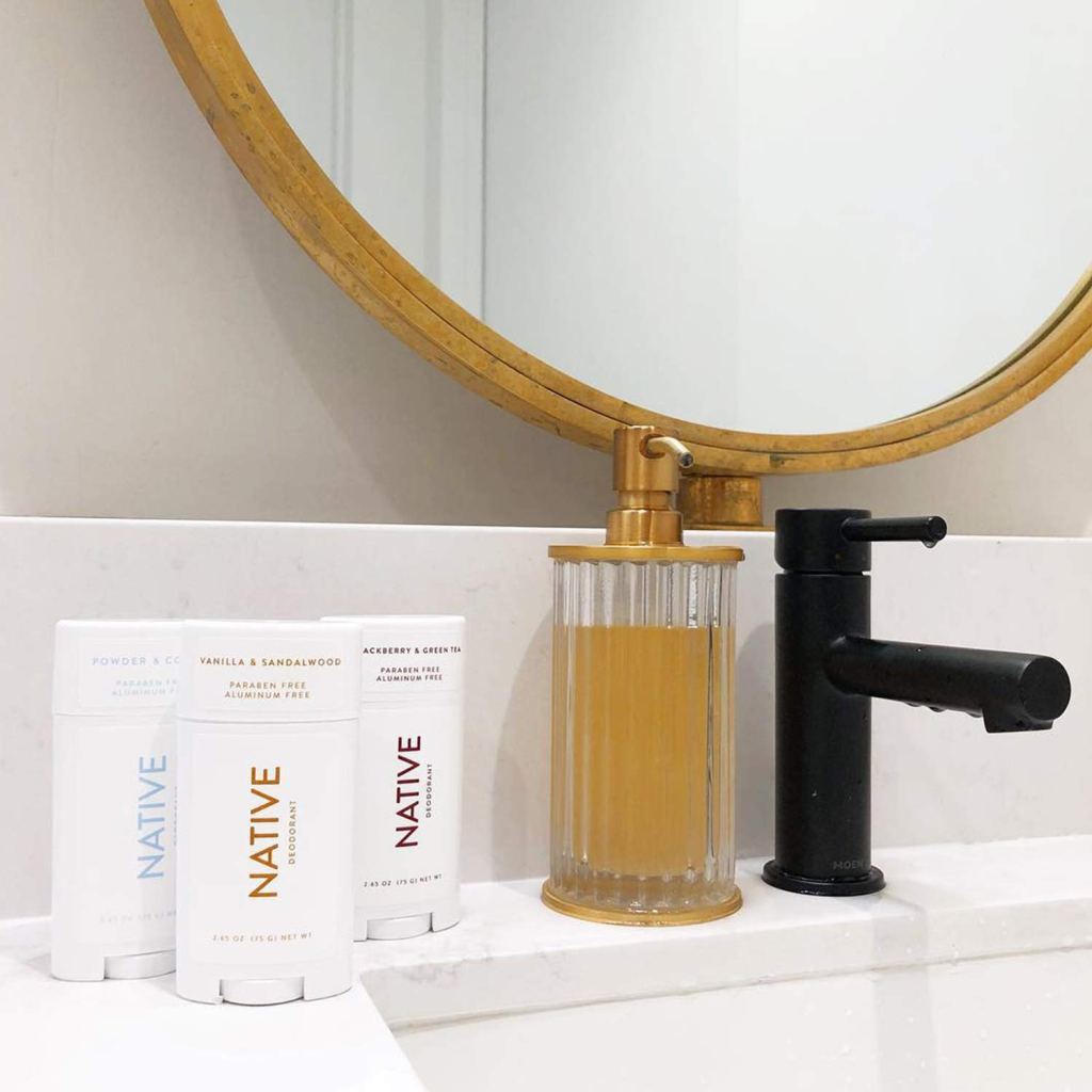 Native deodorants on bathroom sink