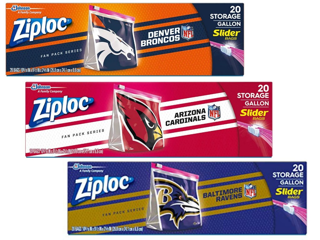 boxes of Ziploc bags with NFL teams on them