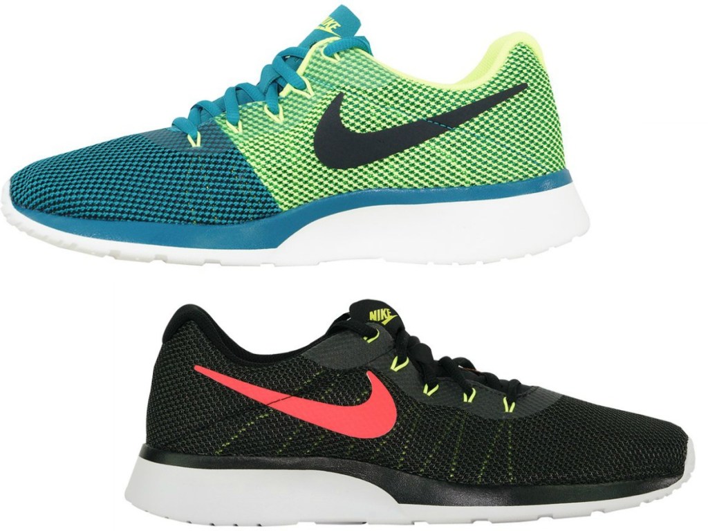 blue/green shoe and black shoe with pink nike logo