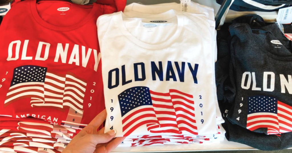 red, white, and blue old navy flag tees in store