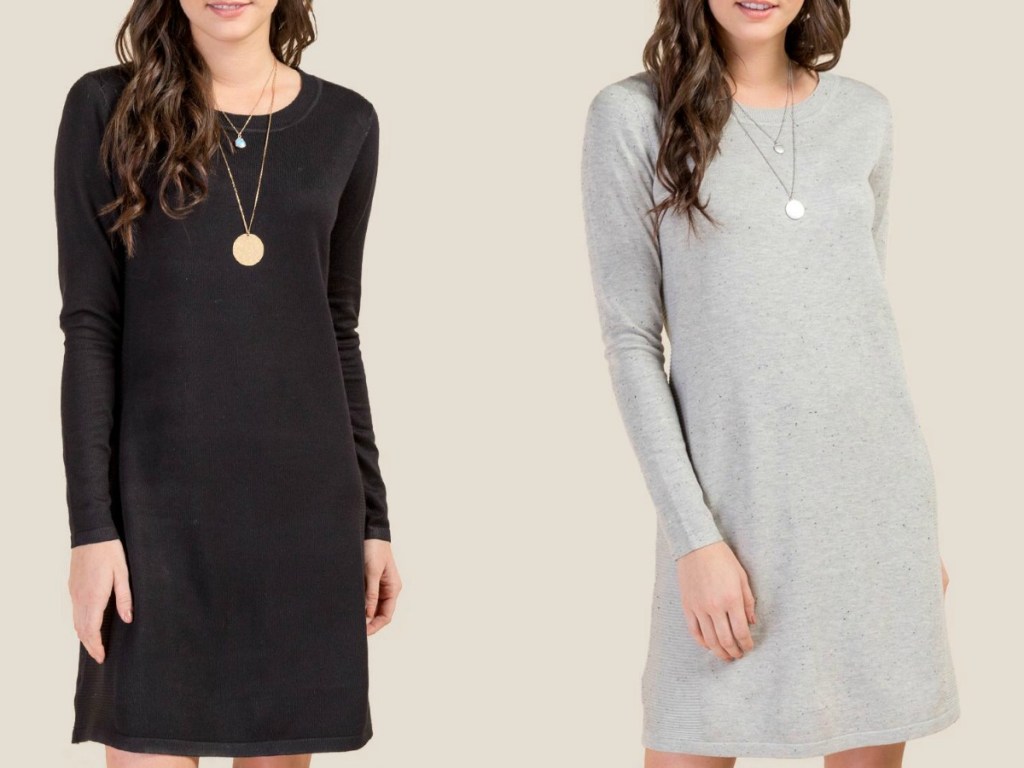 two women wearing sweater dresses