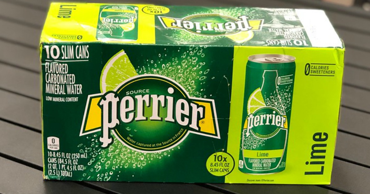 case of 10 perrier slim cans in lime on a table