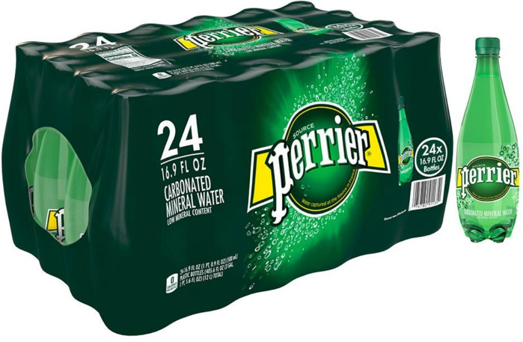 24 pack of perrier mineral water with a water bottle next to it