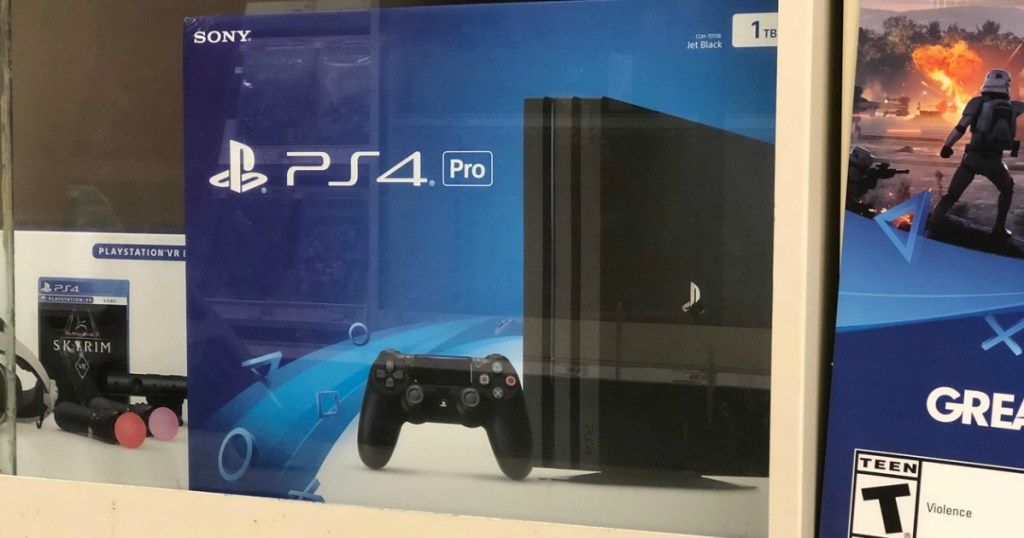 PlayStation Pro gaming console on shelf in store