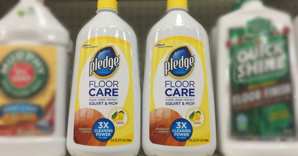 bottles of floor cleaner on a store display shelf