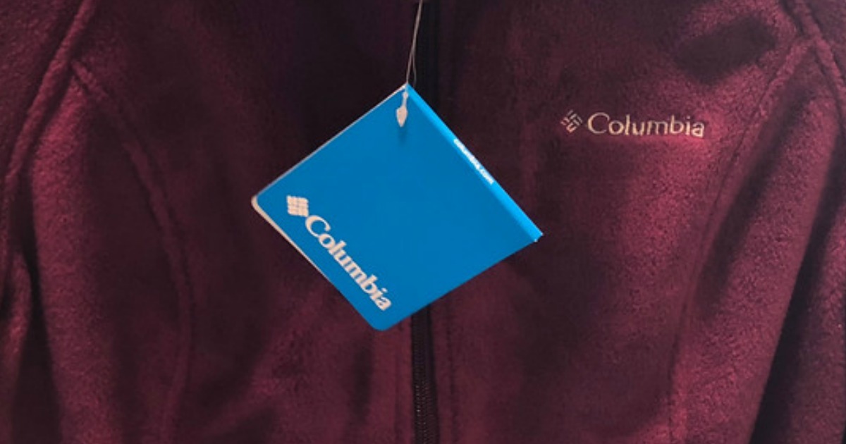 close-up purple columbia jacket and blue price tag