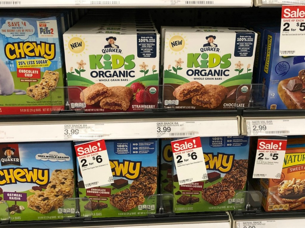 store shelf with kids snack bars at Target