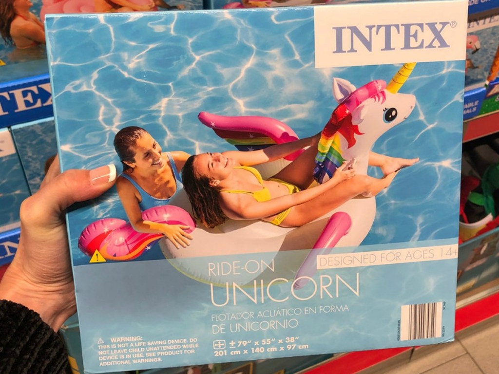 box with pool float with a unicorn and 2 ladies