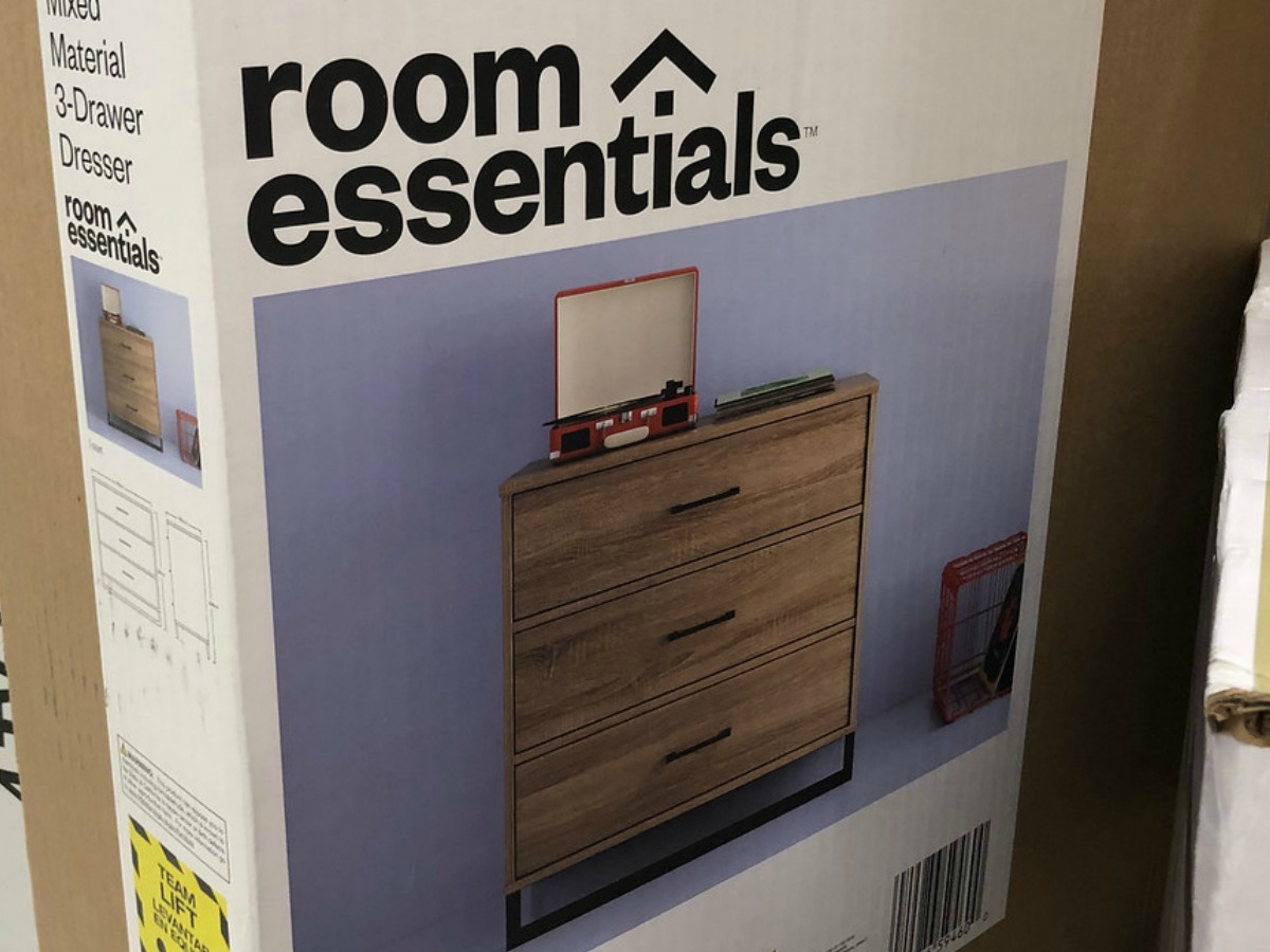 Brown dresser with three drawers in box