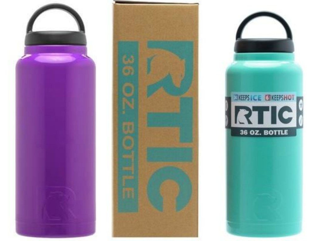 purple water bottle next to box and teal water bottle with lids