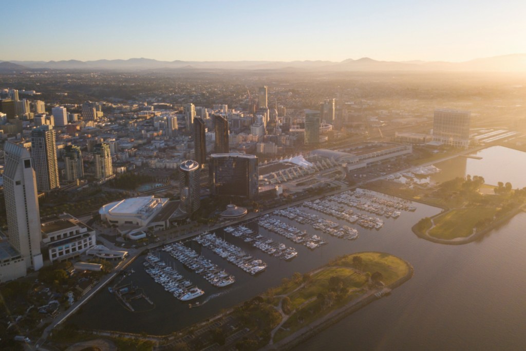 aerial view of San Diego skyline at sunset