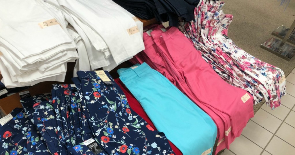 several colors of women's pants on a table