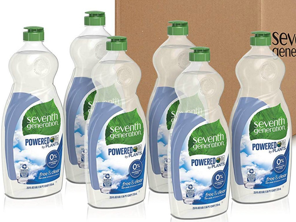 six bottles of dishsoap in front of a box