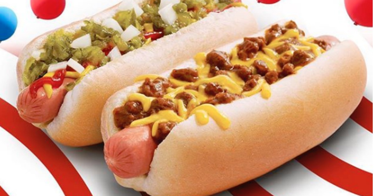 one coney hot dog and one chili cheese hot dog with red white and blue swirls in the background