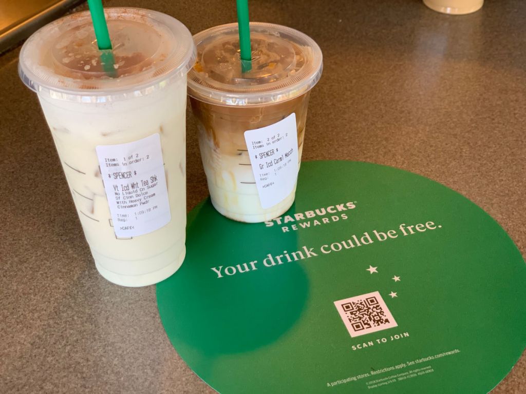 starbucks iced Keto Horchata Drink and iced caramel macchiato on counter at starbucks