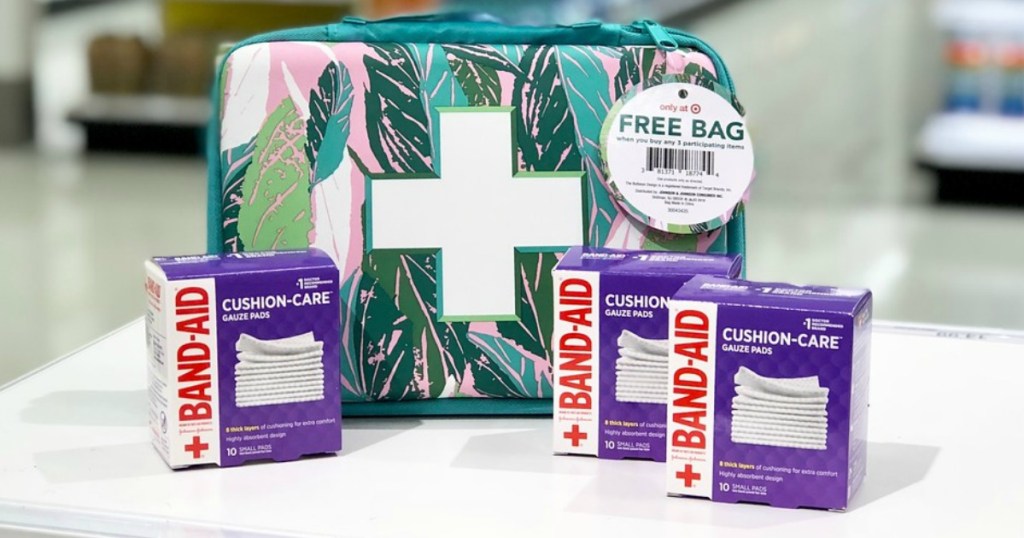 justina blakeney target-exclusive first aid bag and band-aid small gauze pads on counter