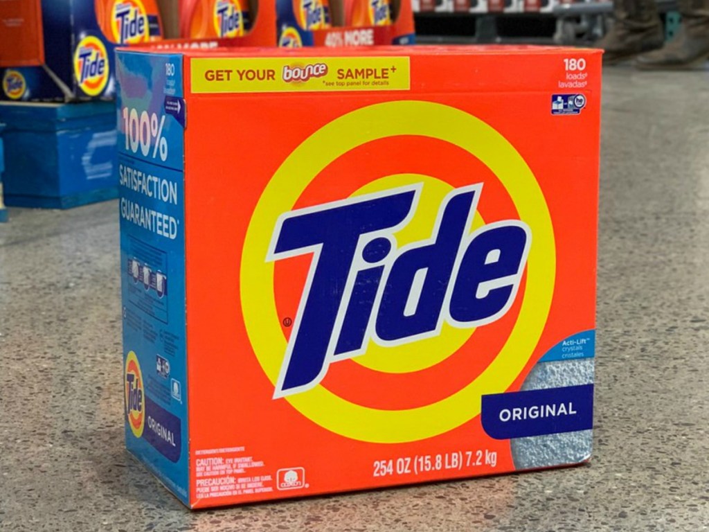 large box of tide powder detergent on store floor