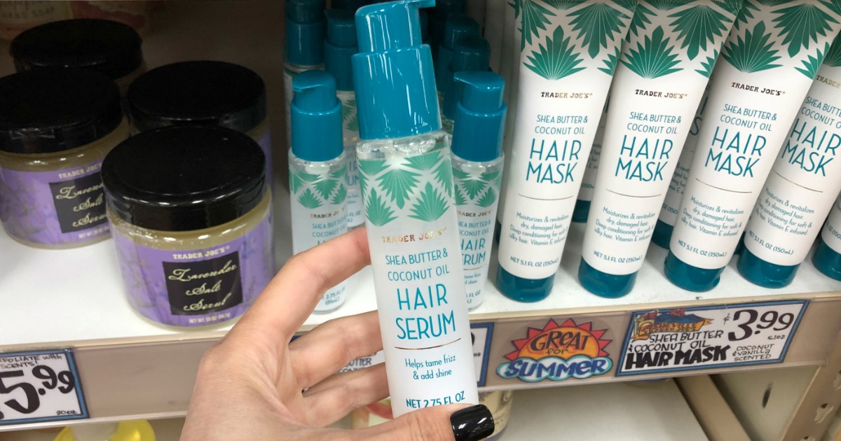 bottles of hair serum and hair masks on a Trader Joe's shelf