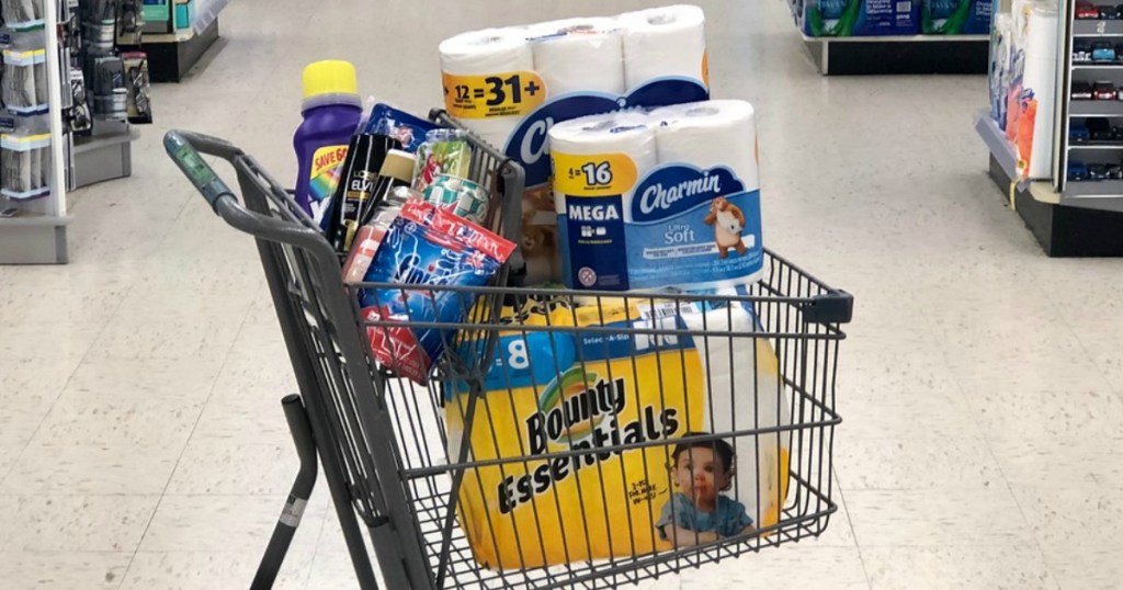 bounty essentials, charmin toilet paper and finish dishwasher detergent at walgreens