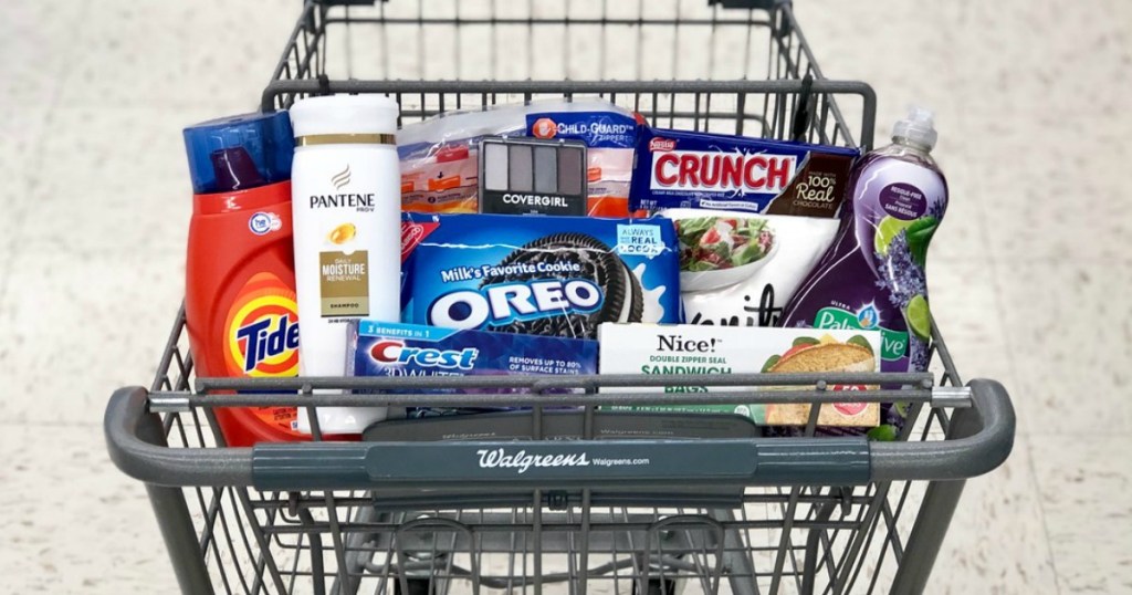 tide laundry detergent, pantene shampoo, crest toothpaste, oreo cookies, nestle crunch bar and palmolive dish liquid at walgreens