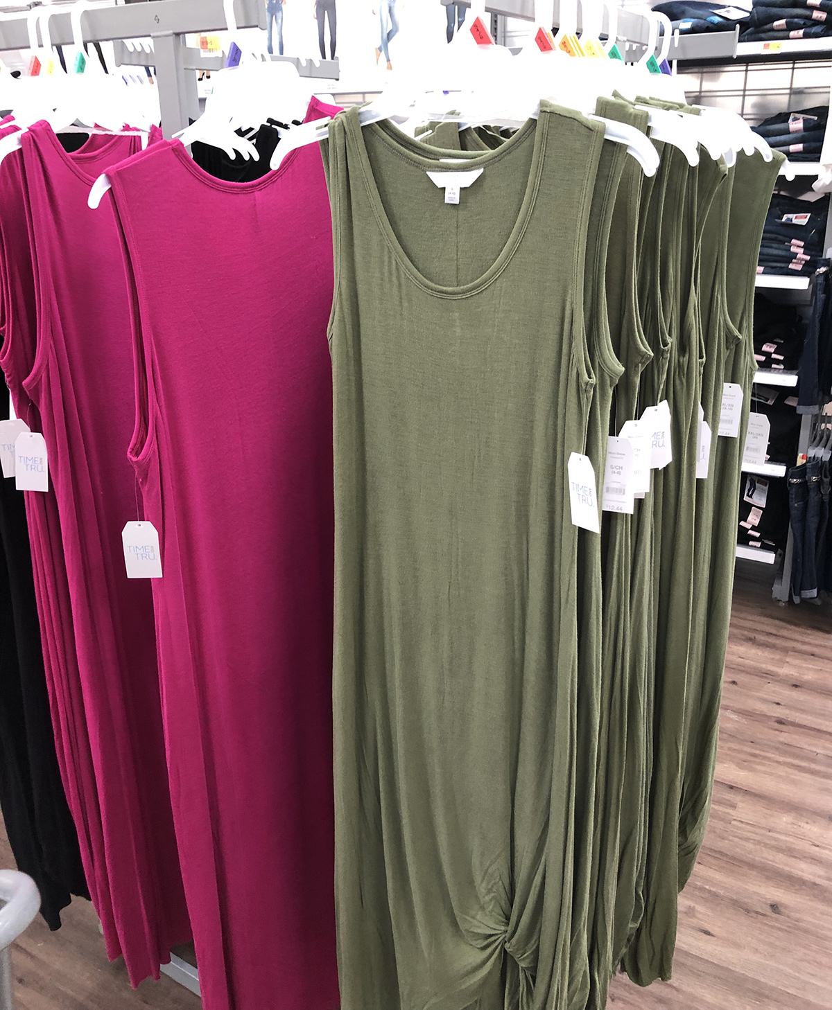 green and pink colorways of time and tru knotted maxi dress at walmart