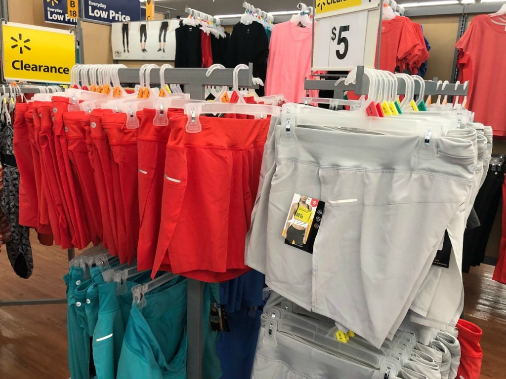 store display of clearing shorts in grey, red and blue