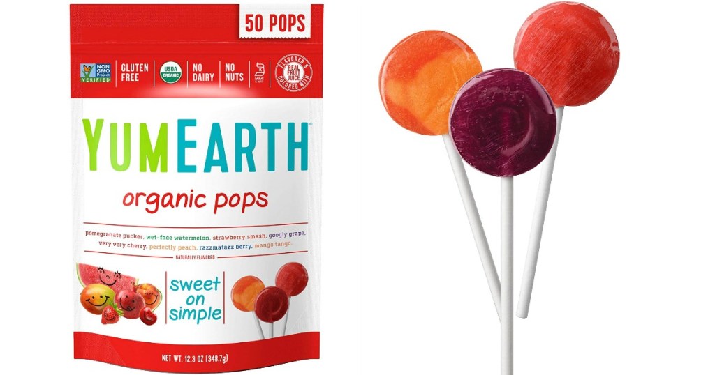 bag of yumearth pops next to 3 unwrapped pops