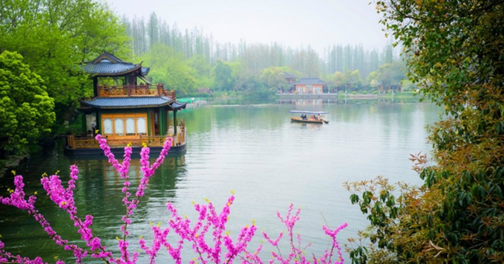 Beautiful view of china across the water with flowers