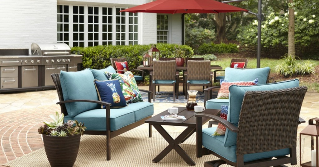 Brown and blue patio table outdoor seating set