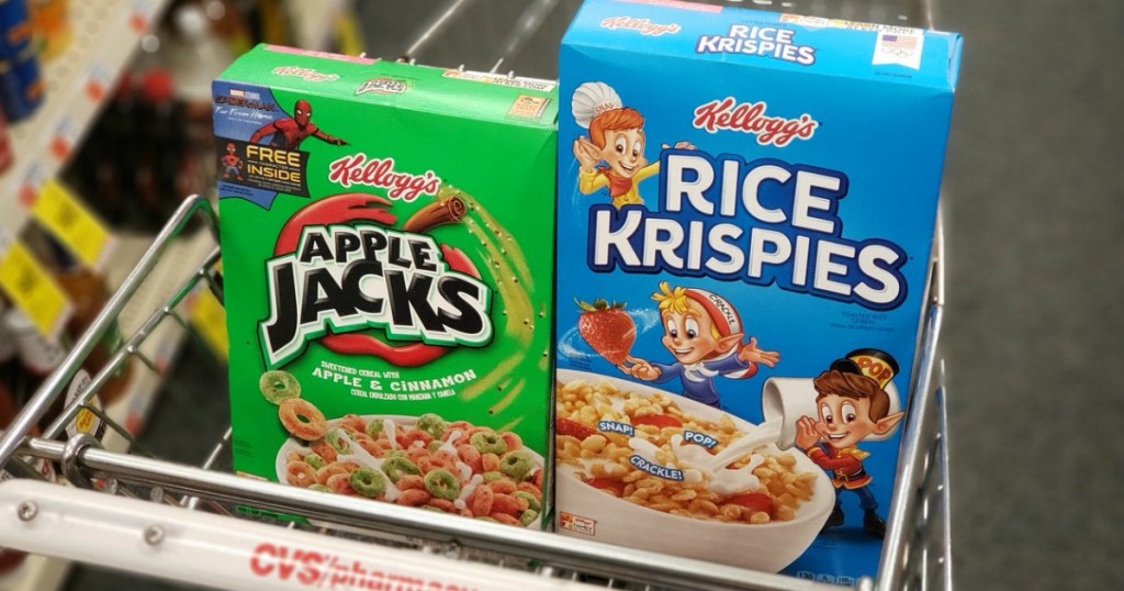 Apple Jacks and Rice Krispies cereal in CVS cart