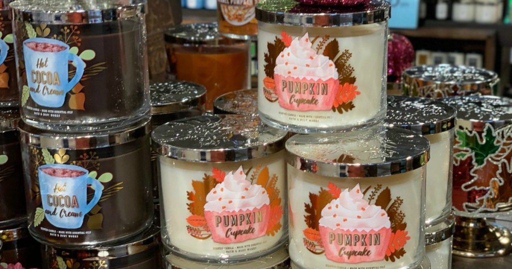 Stack of Fall scented Bath & Body Works Candles in store