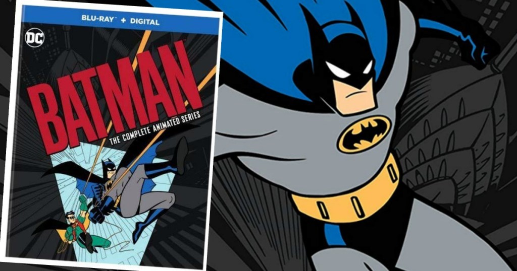 Batman animated series cover over a picture of Batman