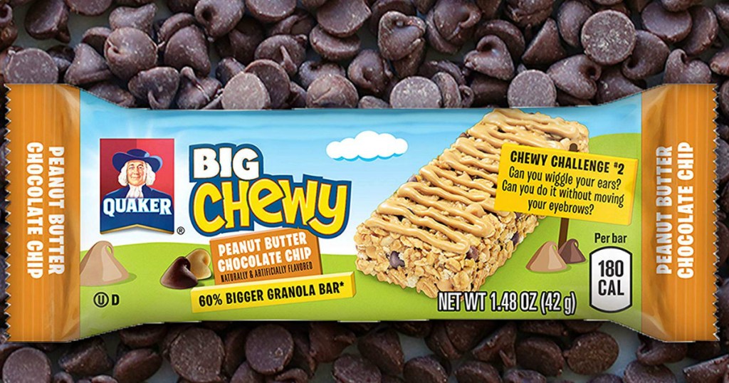 Single quaker granola bar on a pile of chocolate chips