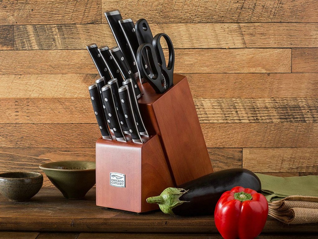 brown knife set with chicago cutlery logo on front and wood background