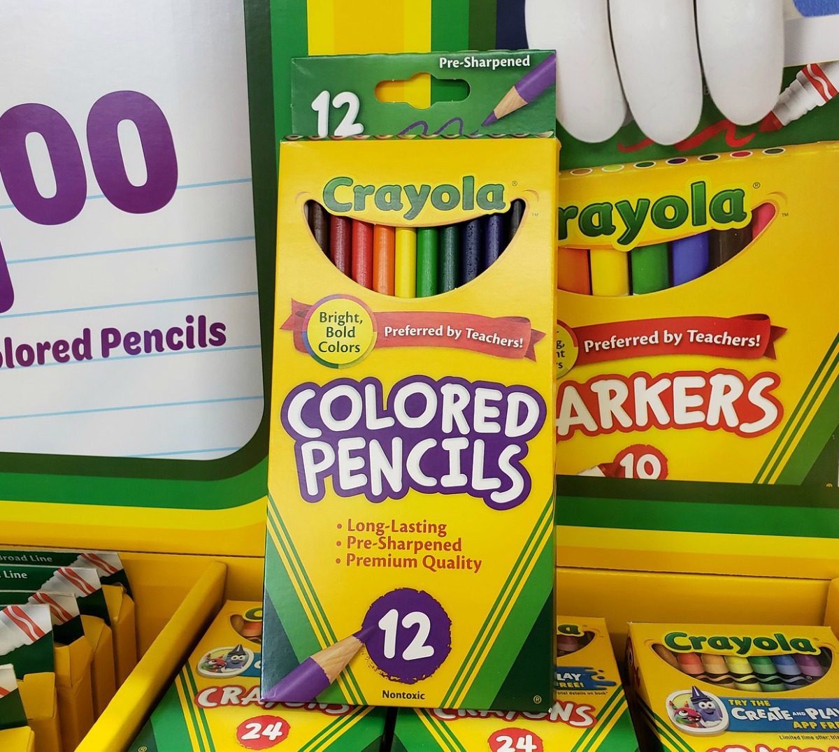 12-Pack of Crayola colored pencils in store display