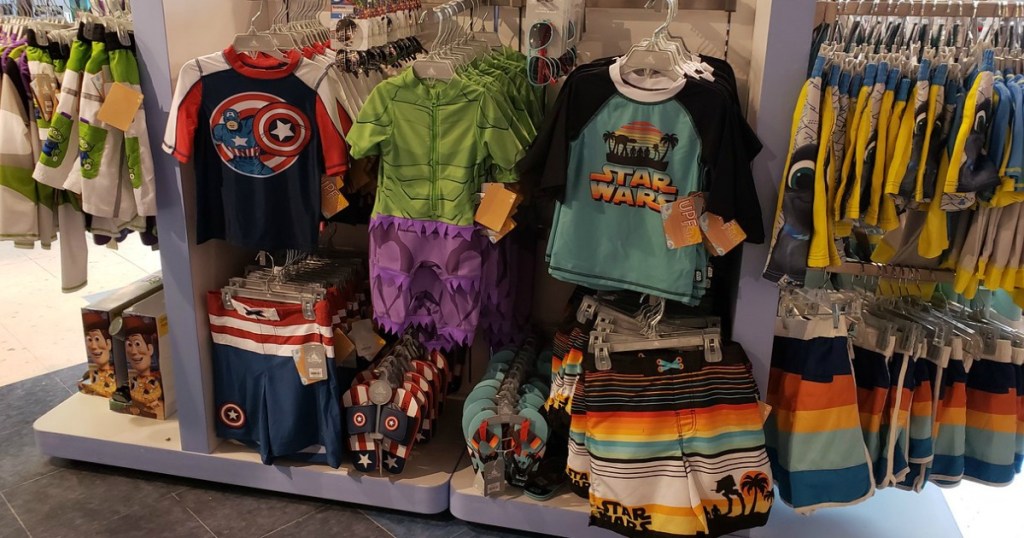 Disney boys rash guards, sandals and swim trunks