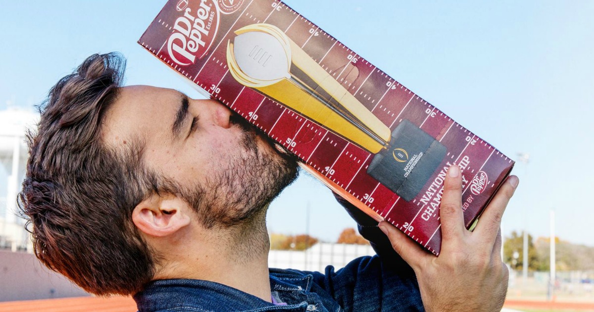 guy kissing dr pepper 12-pack outdoors